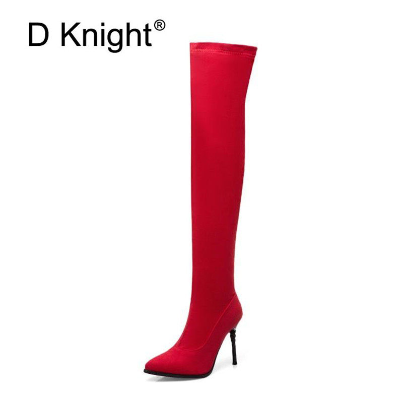 

Sexy Pointed Toe Over Knee Boots Denim Slip On Women's Shoes Thigh Boots Rubber Long Barrel 2020 Winter Footwear For Women, Red n91