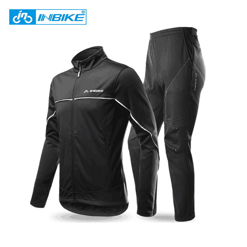 

INBIKE Winter Men' Cycling Jacket Pants Set Fleece Warm Thermal Windbreaker Shell Coat Windproof Clothing Climbing Bike Suit, Black suit