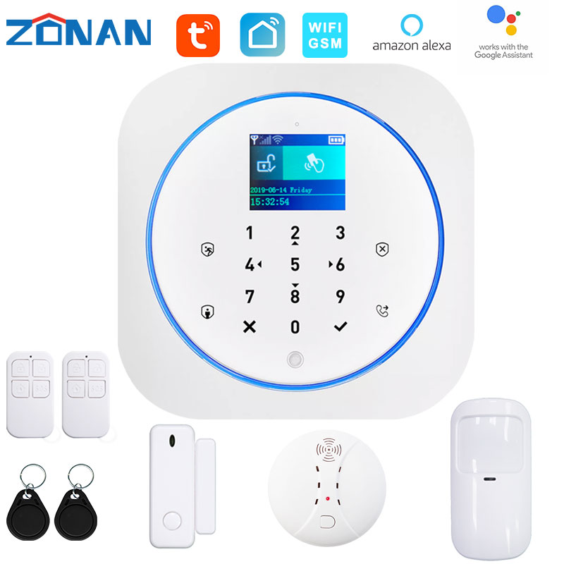 

Tuya WIFi Gsm alarm security system With smoke detector alexa compatible App Control smart home Wireless safety alarm kits