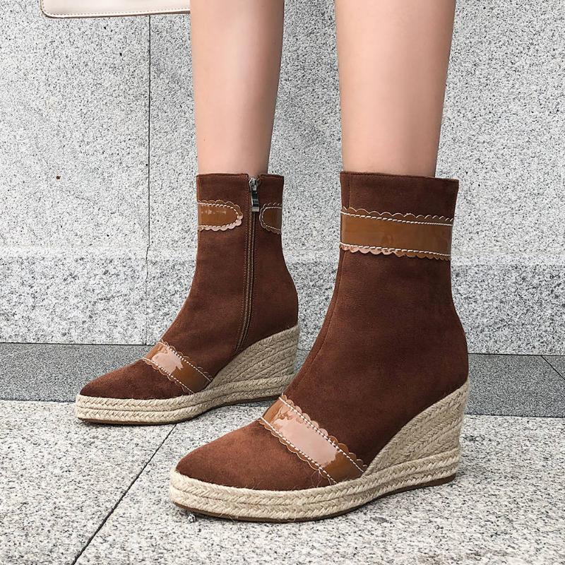 

Karin 2020 Dropship Weave Wedges High Heels Big Size 44 Women Shoes Woman Flock Top Quality Platform Boots, Beige