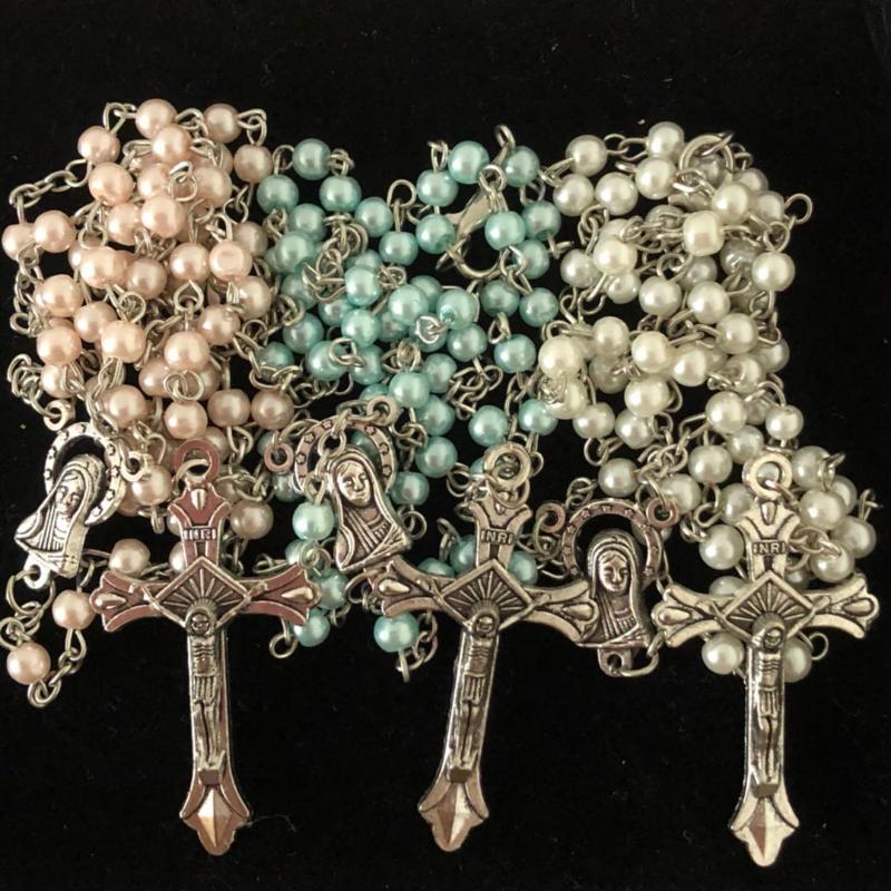 

3pcs/pack 4mm glass faux pearl rosary with virgin mary centerpiece and jesus cross pendant with Lobster buckle