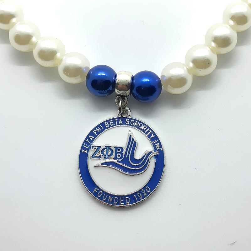 

Fashion 1mm Simulation Pearl ZPB sorority Necklace Greek society ZETA PHI BETA Round Metal Pendant Necklace