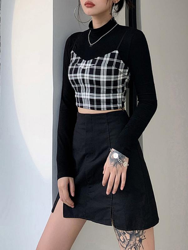 

Y2K E-Girl Sweet Plaid and Black Crop Tops Streetwear Two Piece Outfit Turtleneck Long Sleeve Tees 90s Vintage Tees, Orange