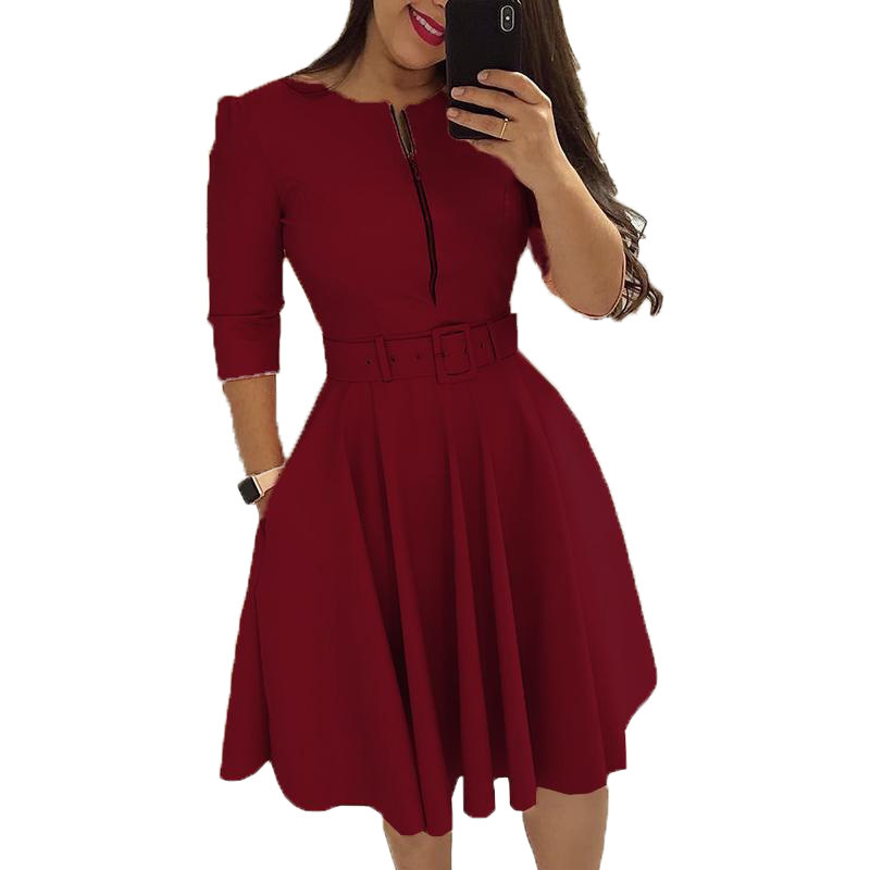 

Women Fall Half Sleeve Elegant Tunic Dress Female Solid Zipper Belted Pleated Casual Office Dress, Beige