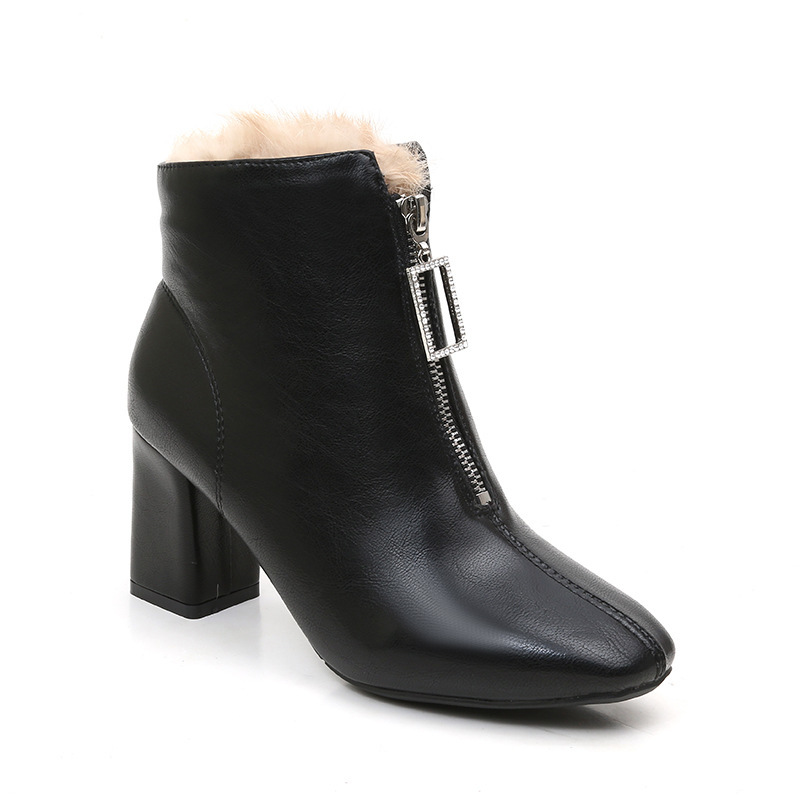 

Zipper Fashion Ladies Shoes Woman Square High Heels PU Leather Boots Lace Up Women Shoes Ankle Boots Warm Plush Winter, Black