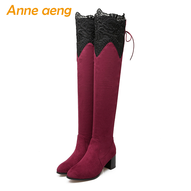 

Women winter snow boots over the Knee high square heels round toe classic sexy ladies Red women winter shoes big size 33-46