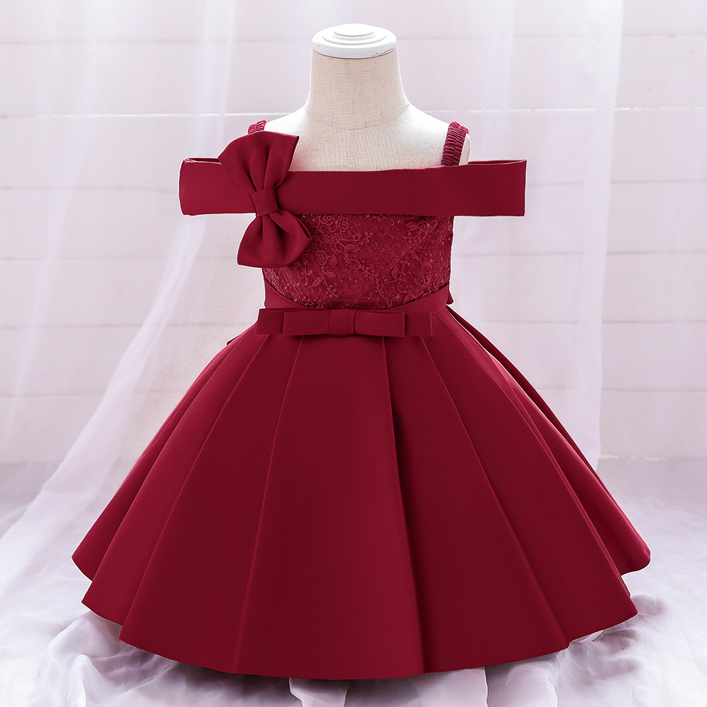 

Girl dress wedding party flower princess silk dress bow one shoulder tutu dress kids fashion kids clothes, As picture