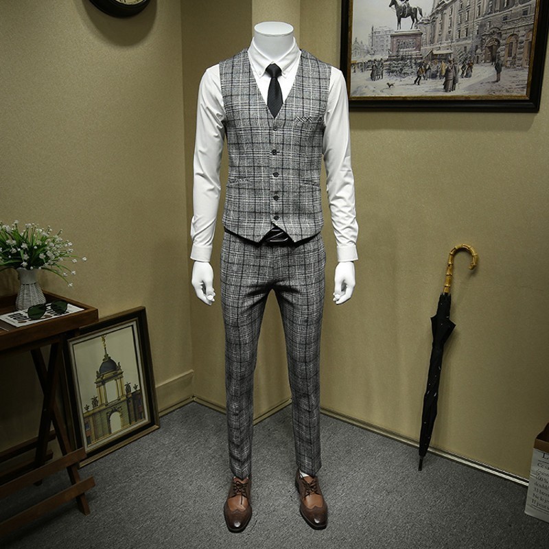

British Formal Grey Plaid Wool Blazer Suit Men Office Costume Homme Bridegroom Wedding Suits Jacket+Vest+Pants Woolen 3pcs Set