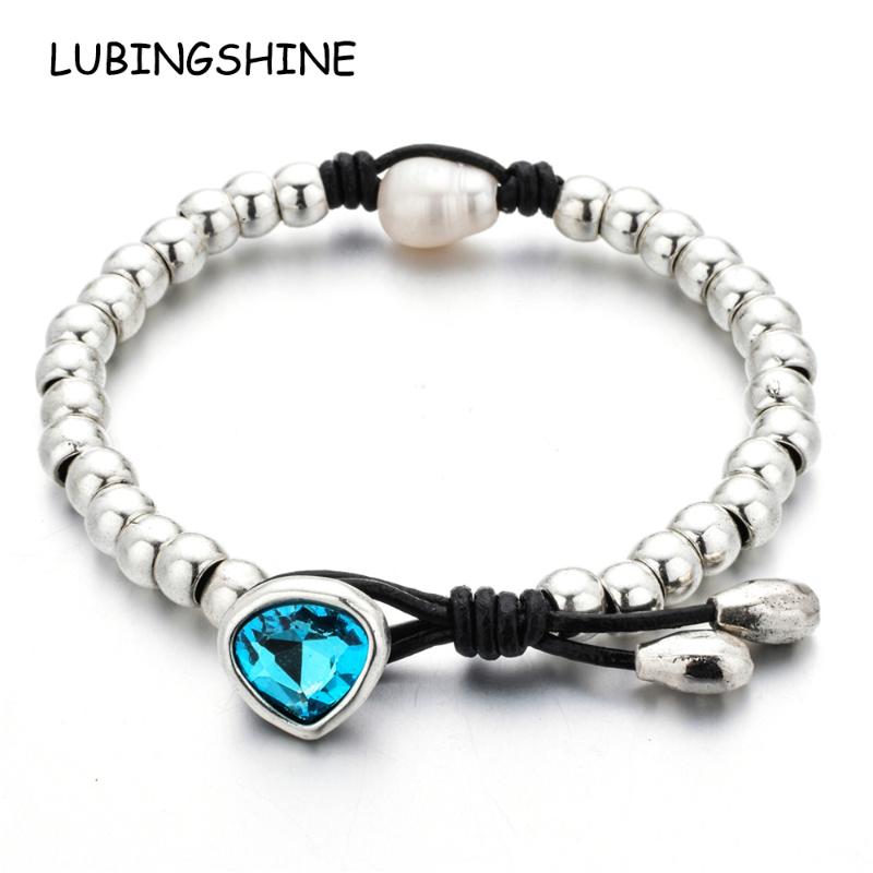 

Vintage Square Crystal Charms Braided Leather Bracelet for Women Men Heart Bead Antique Silver Color Wristband Jewelry Gift