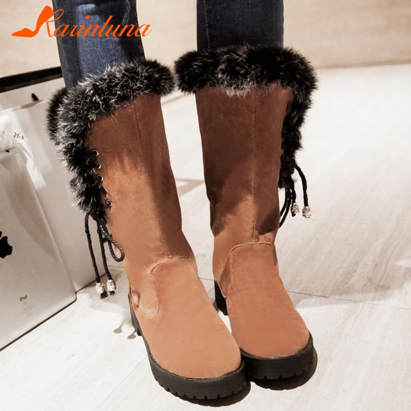 

Karinkuna Big Size 34-43 New Fashion Ladies Winter Faux Fur Snow Boots Fashion Chunky Heels Boots Women Casual Warm Shoes Woman, Black