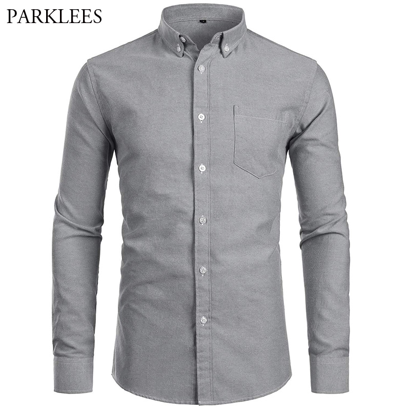 

Gray Oxford Cotton Shirt Men Brand New Long Sleeve Mens Dress Shirts Casual Slim Fit Chest Pocket Button Down Camisa Masculina, Gray short sleeve