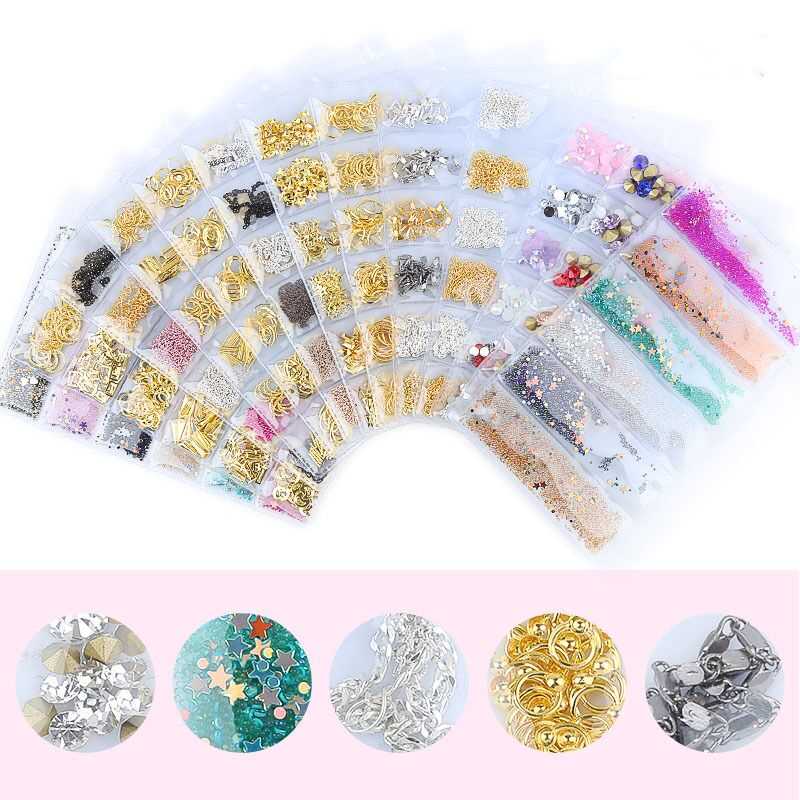 

6 grid/pack Mixed Punk Metal Rivets/Chain/Rhinestones/Caviar Beads 3D Nail Art Decorations UV Gel Design Manicure Accessories, Silver;gold