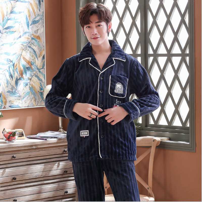

2020 Winter Pijamas Men Casual Cartoon Pajama sets Male warm Flannel Sleepwear suit Couples Turn-down collar Coat & Pants XXXL, Blue