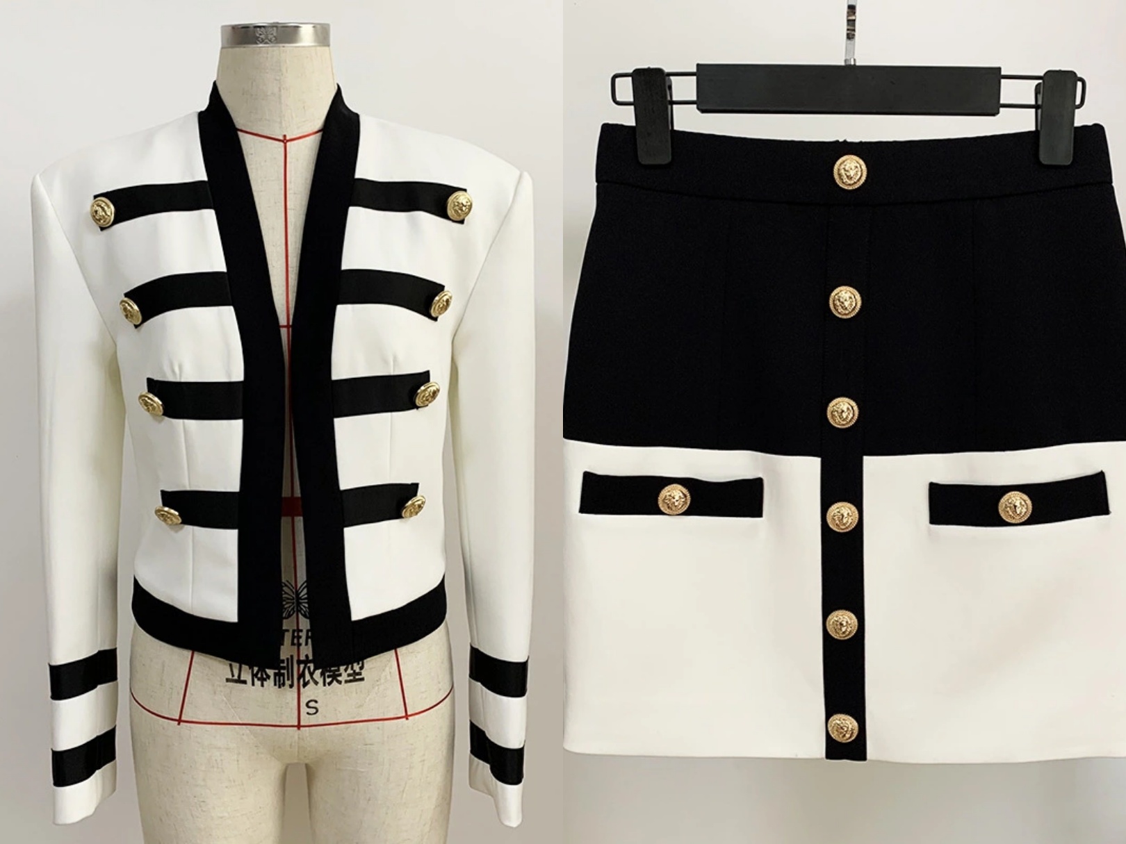 

European and American high-quality lion buckle contrast jacket+skirt, White;black