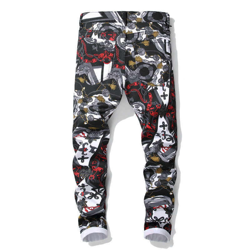 

Sokotoo Men's fashion 3D pattern slim fit straight printed jeans Trendy white black colored drawing stretch denim pants MX200814, Blue