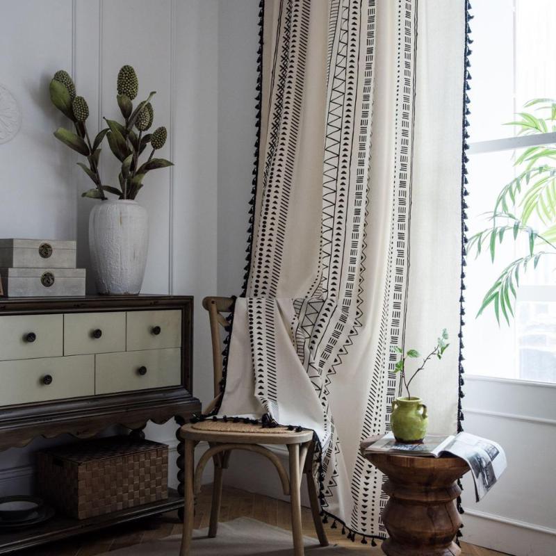 

White Curtain With tassel For living room blinds bedroom Bay Window Bohemian Cotton linen Finished curtain Buckle/Tube, As pic