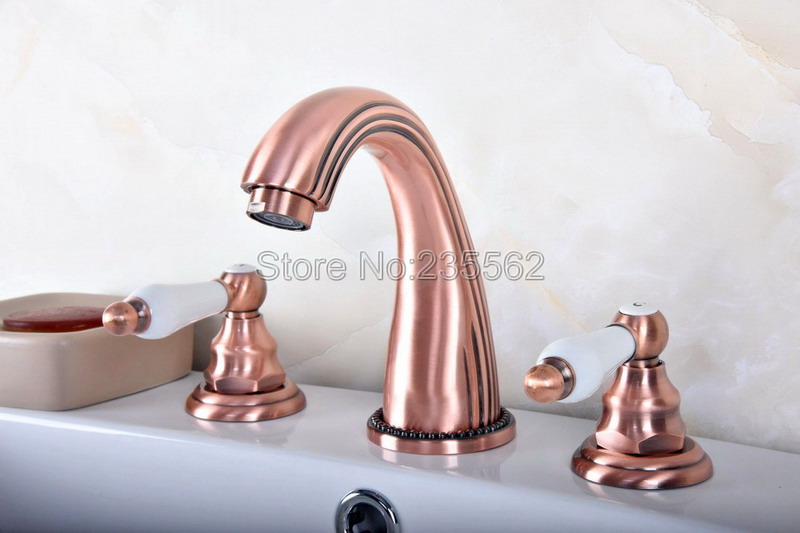 

Antique Red Copper Deck Mounted Bathroom Faucet Dual Handle Widespread Bath Tub Mixer Tap 3 hole Vessel Sink Faucets Lrg081