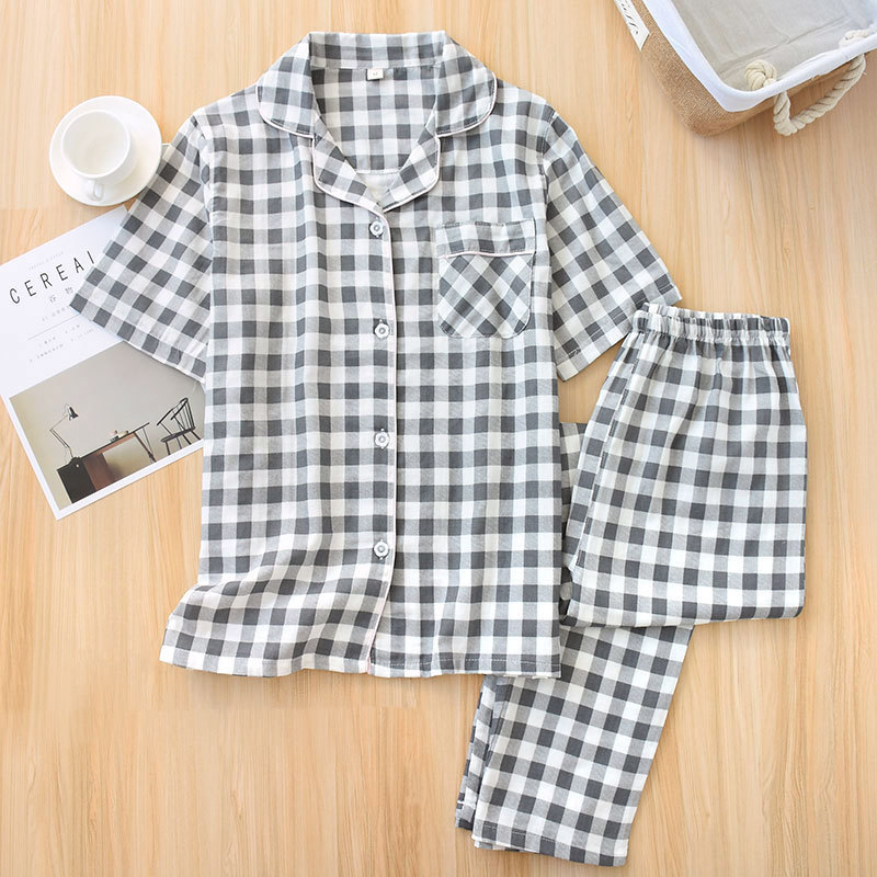 

Plaid Men Sexy Sleepwear Loose Cotton Pajamas Suit Bathrobe Women Couple Nightwear 2PCS Sleep Set Spring Autumn Lovers Home Wear, Blue women