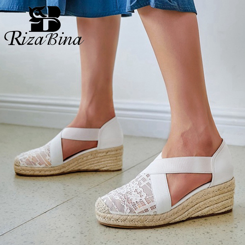 

RIZABINA Women Wedges Sandals Fashion Platform Lace Summer Shoes Woman Casual Daily Office Lady Round Toe Footwear Size 34-39, Black