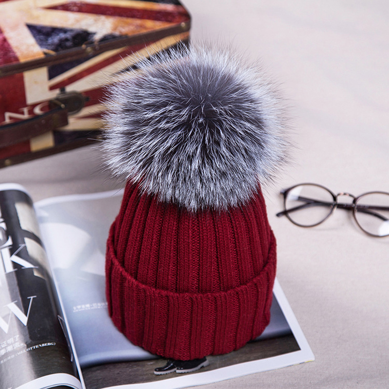 

9 Colors Female Fur Pom Poms Hat Winter Knitted Hat For Winter Thick Warm Beanies Cap Women High Quality Skullies Beanies, White