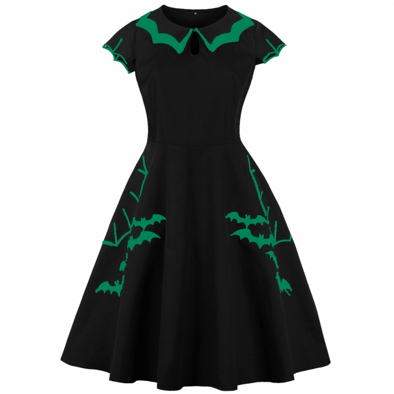 

5XL 4XL Plus Size Halloween Bat Embroidery Dress Women Punk Party Dresses Bowknot Self Gothic Dress Clothing Swing Vestidos, Black
