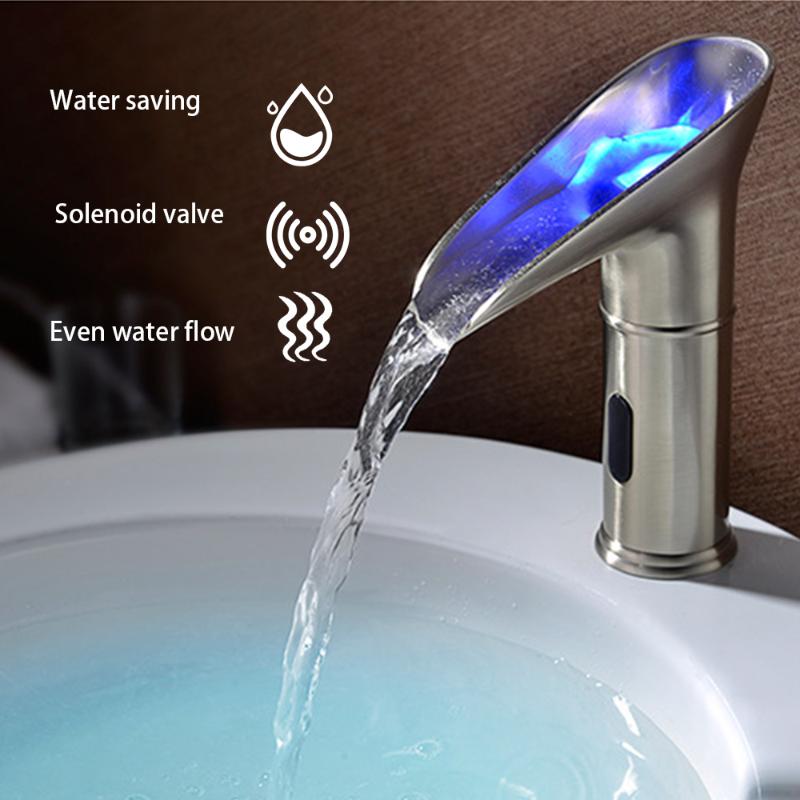 

New Automatic Touchless Sensor Bathroom Sink Faucet Waterfall 3-Color LED Temperature Sensitive Kitchen Water Tap Hot Cold Mixer