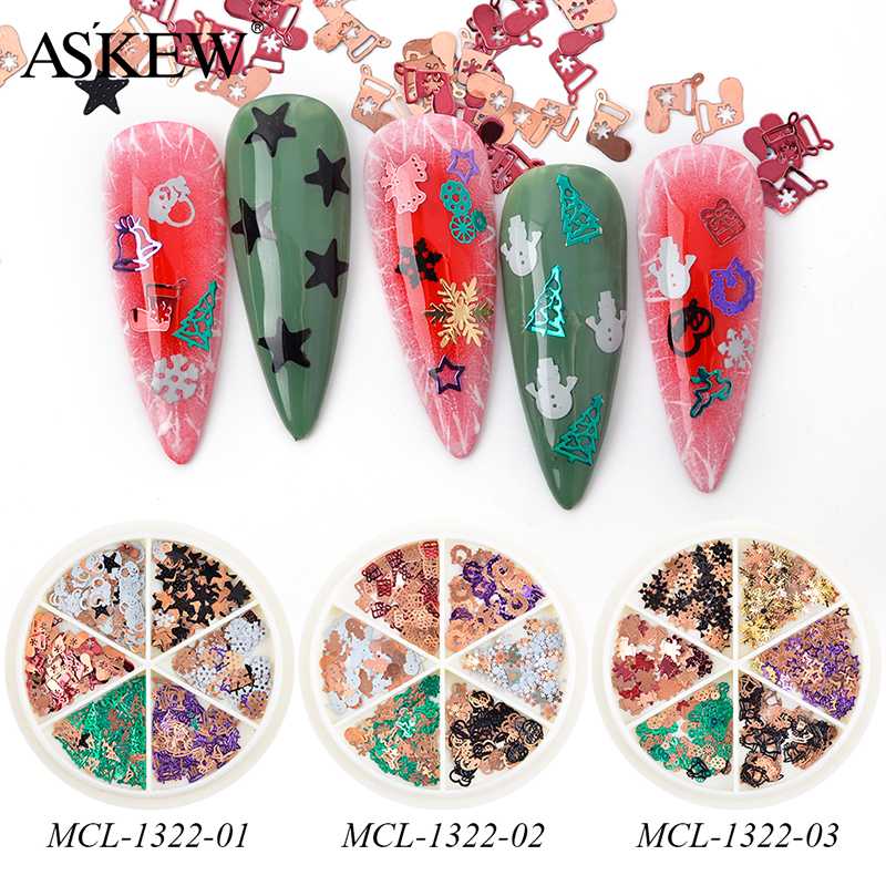 

Mixed 6 Shapes Black Cold Colorful Metal Christmas Nail Art Decorations Alloy Slice Nail Decals Flake Manicure Accessories Wheel