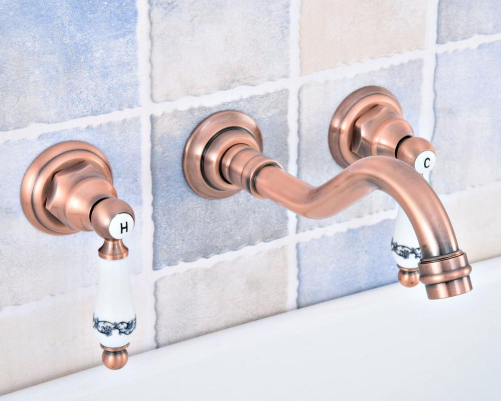 

Red Copper Widespread Wall Mounted Dual Ceramic Handle Bathroom Sink Faucet Taps Lsf523