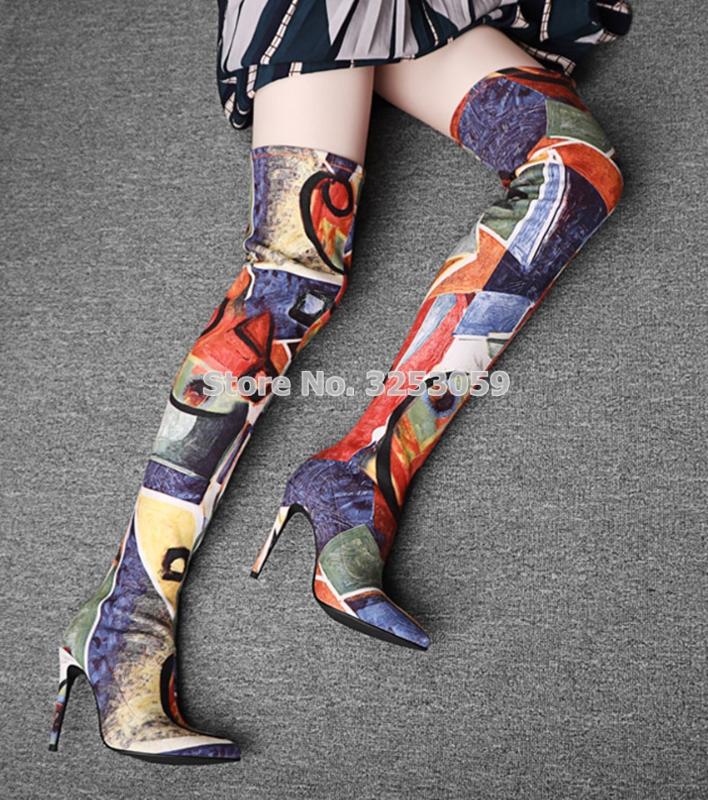 

ALMUDENA Designers Multi-color Graffiti Over-the-knee Boots Stiletto Heels Pointed Toe Colorful Printed Pattern Gladiator Boots, As picture