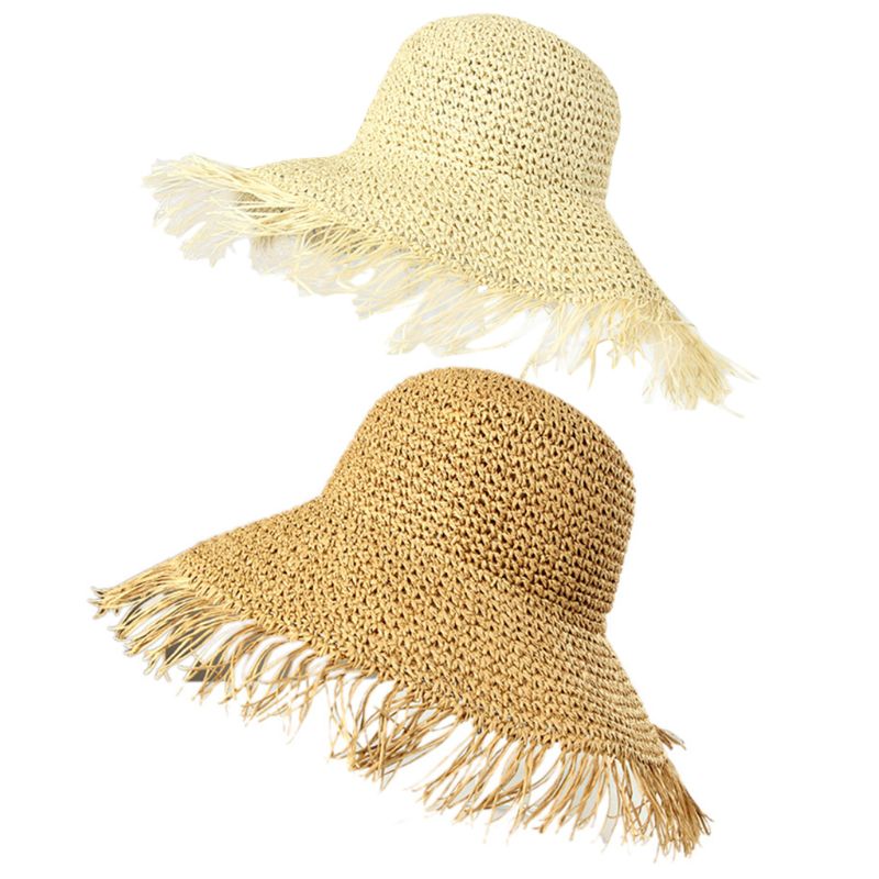 

Women Summer Crochet Woven Straw Sun Visor Hat Tassels Large Wide Brim Beach Cap, Khaki