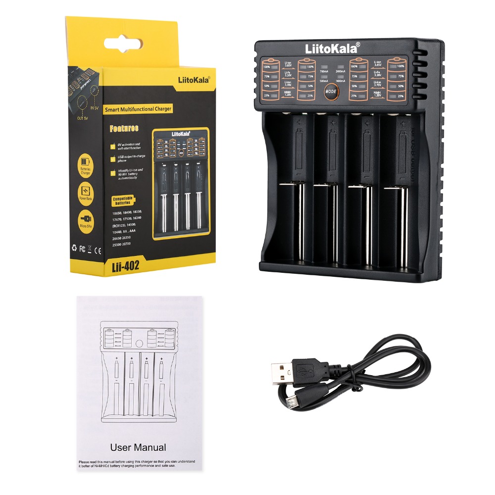 

LiitoKala Lii-402 18650 Battery Charger For 26650 16340 RCR123 14500 LiFePO4 1.2V Ni-MH Ni-Cd Rechareable Battery