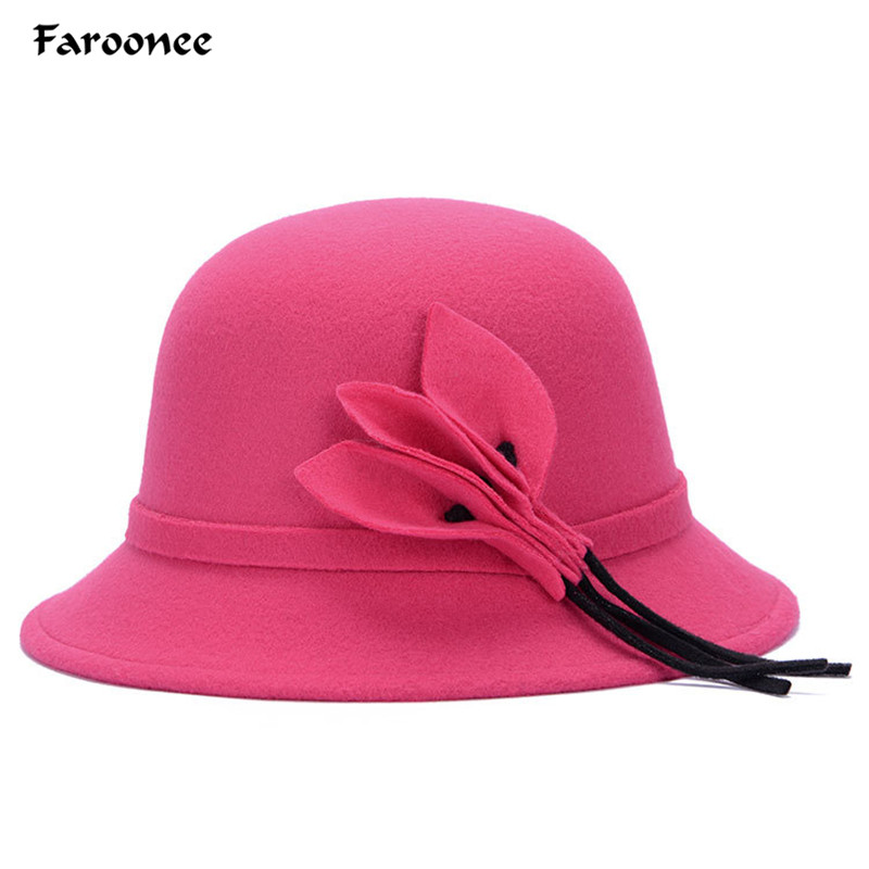 

Wide Brim Hat Autumn Winter Noble European American Elegant Girls Fashion Cap Women Wool Felt Fedora Flowers Hat Beanie Ladies, Black