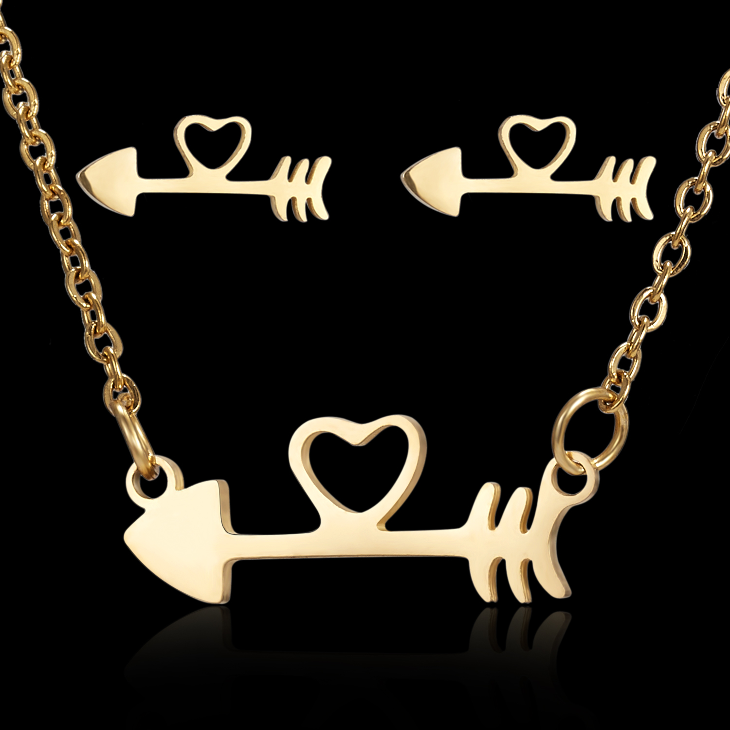 

Gold Stainless Steel Jewelry Set Hollow Heart Eye Flower Butterfly Necklace Earrings For Women