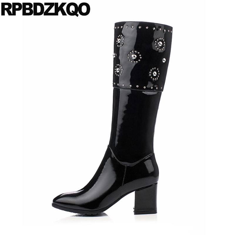 

high heel black rivet shoes stud women handmade tall side zip boots chunky block patent leather long square toe knee embellished