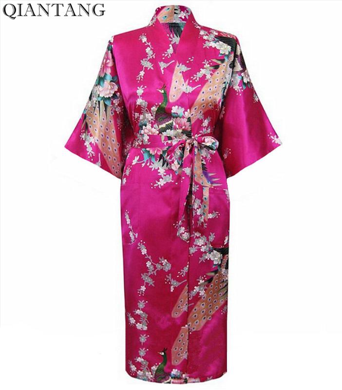 

Plus Size Hot Pink Female Night Robe Hot Sale Lady Faux Silk Kimono Bath Gown Summer Sleepwear Peafowl  M L XL XXL XXXL S0034, Black