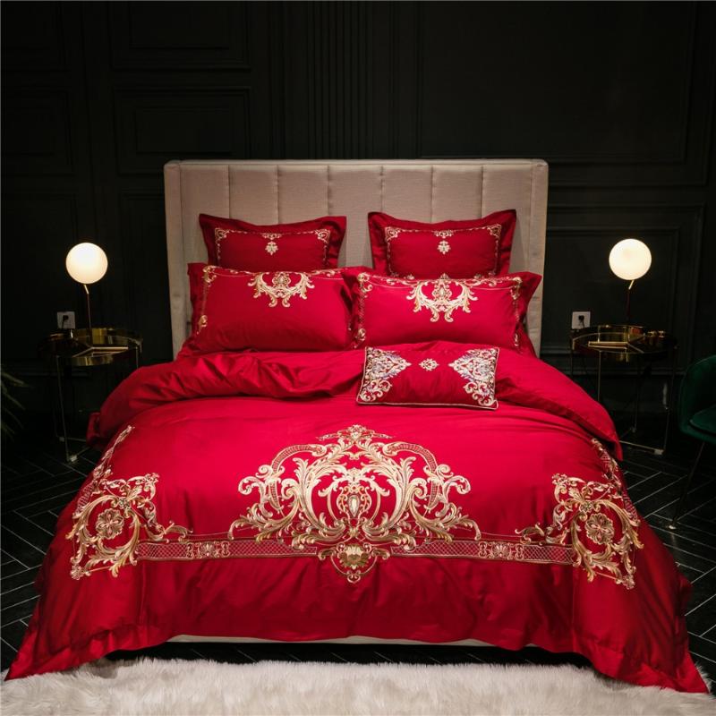

New Luxury 120S Egyptian cotton Embroidered Bedding set Queen King Royal Red Duvet cover Bed sheet set Pillowcase 4/6pcs, Color 5