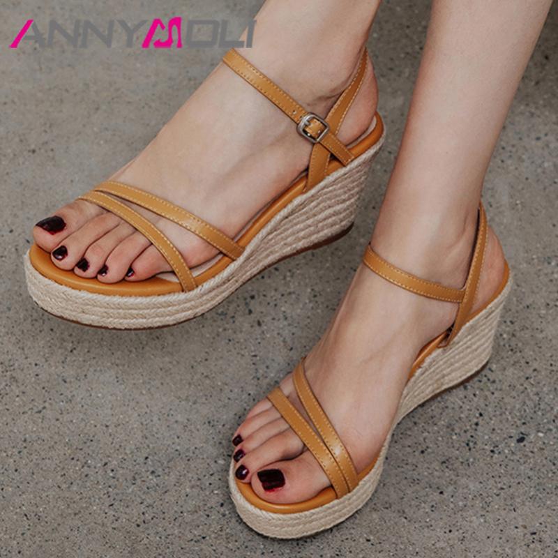 

ANNYMOLI Espadrille Real Leather Wedge Heel Sandals Platform High Heels Women Shoes Buckle Dress Ladies Footwear Summer Sandals, Apricot