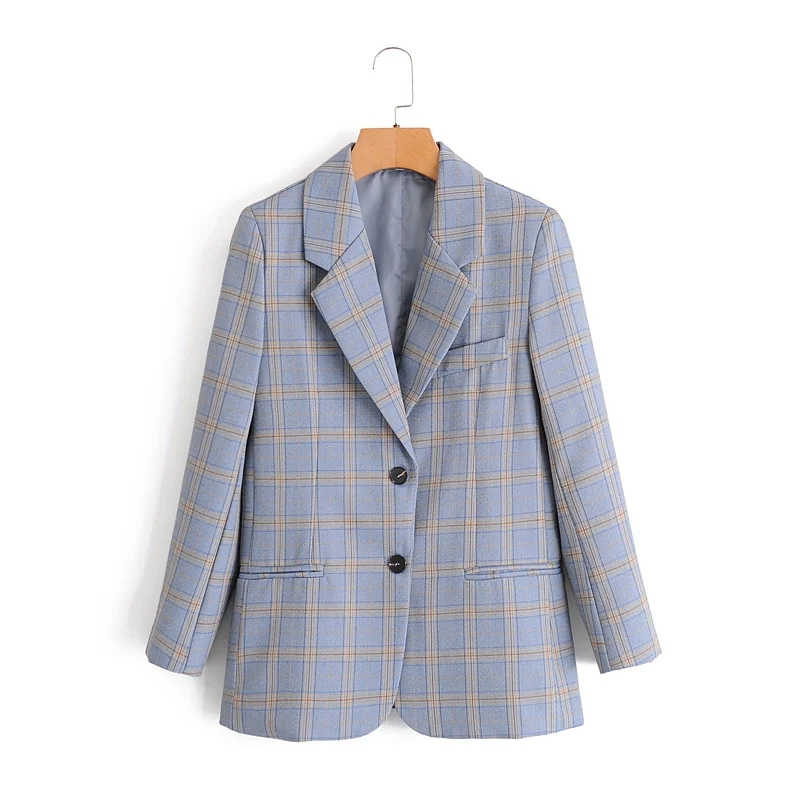 

Vintage Elegant Plaid Single Breasted Blazers 2020 Women Fashion Pockets Notched Blazer Coat Casual Chic Outerwear, Blue