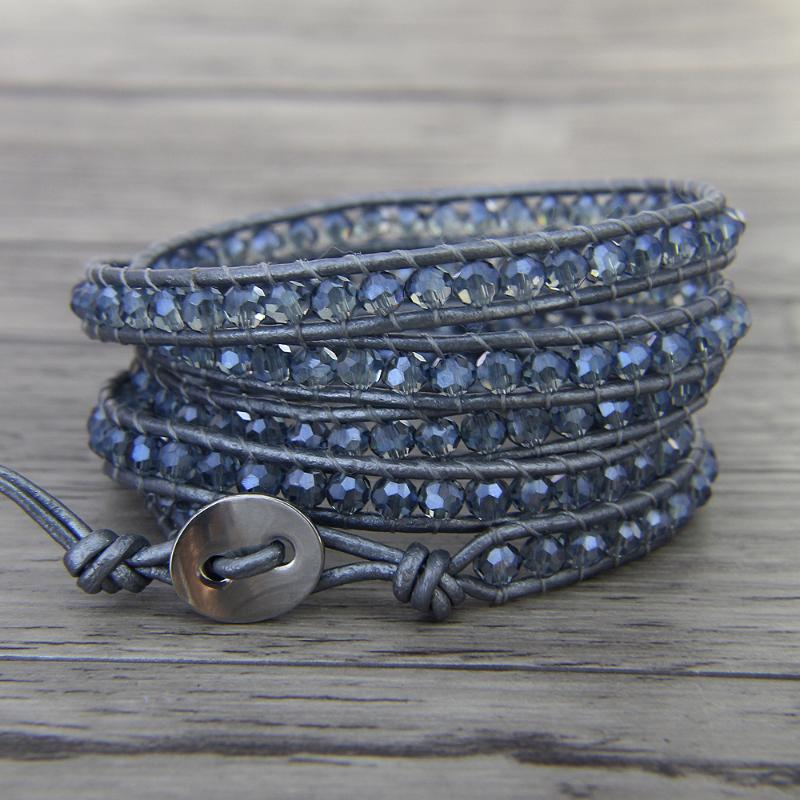 

Boho blue crystal beads bracelet leather boho wrap bracelet blue beads yoga jewelry jewelry