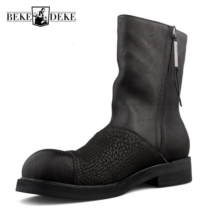 

Retro Harajuku Autumn Winter Mens Genuine Leather Boots Fashion Side Zip Round Toe Thick Bottom Male Mid Calf Boots Plus Size, Black
