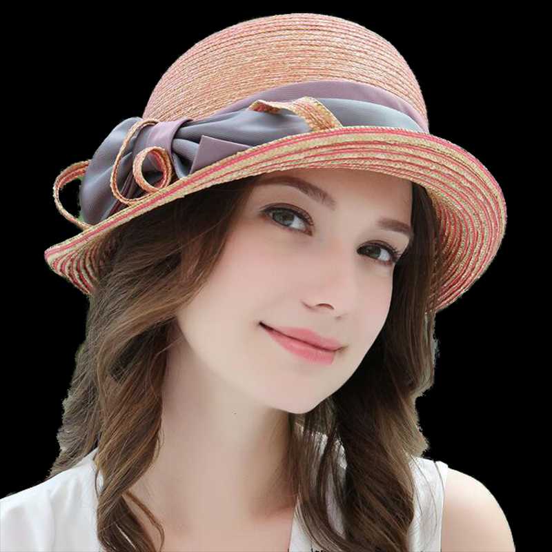 

100% Natural Raffia Straw Hat For Women 2020 Summer Elegant Wide Brim Floppy Casual Beach Sunbonnet Fashion, Pink