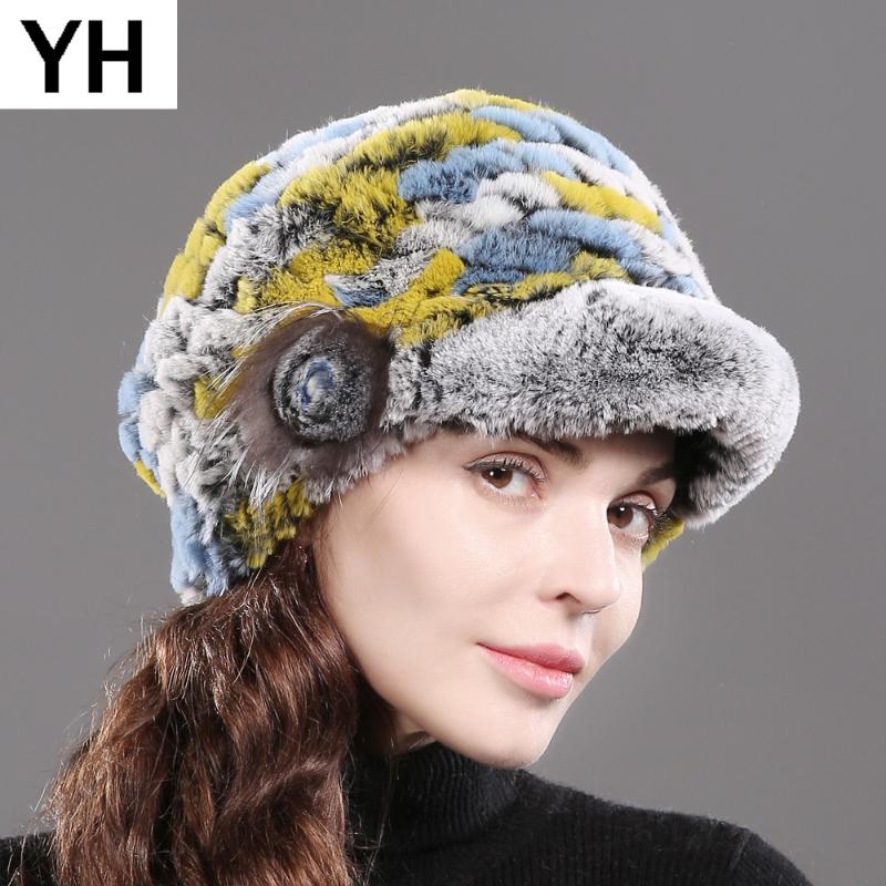 

New Style 100% Natural Real Rex Fur Hats Women Handmade Knitted Rex Fur Hat Winter Warm Good Quality Real Caps, Color 11