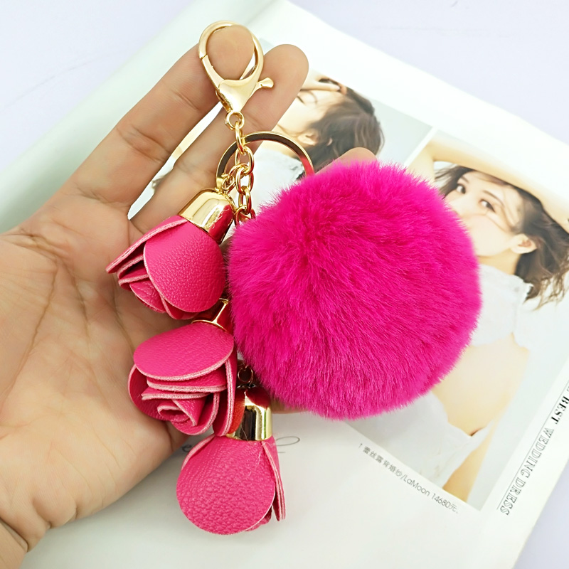 

Cute Pompom Ball PU Rose Key Chains Handmade Fur Keyring Bags Decoration Pendant Keychains Jewelry Ornaments Kids Birthday Gifts