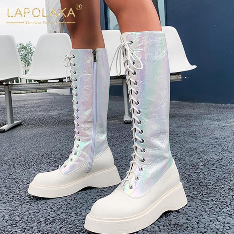

Lapolaka New Arrivals Sequined Patchwork Boots Woman Shoes Comfortable Platform Zip Up INS Top Quality Knee High Boots, Black