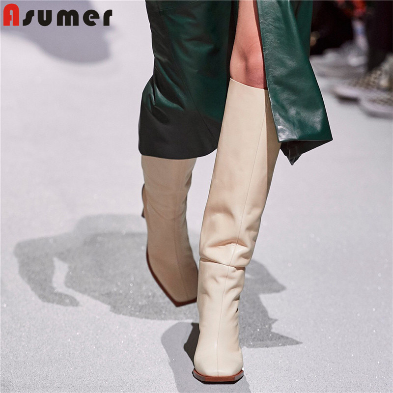 

ASUMER INS HOT High Quality Women Boots Microfiber Leather Winter Knee High Boots Square Toe Heels Western Female, Beige
