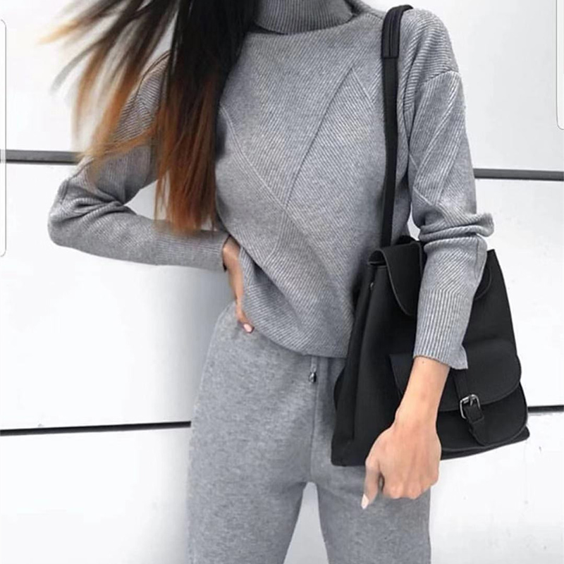 

Knitted Ribbed Turtleneck Women Sweater Sets Long Sleeve Pullovers+Lace Up Pockets Pants Lady Suit Winter Female Tracksuit Set, Pink