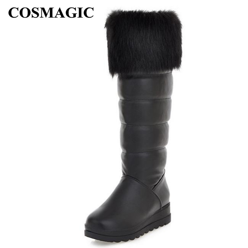 

COSMAGIC 2020 New Winter Women Knee High Snow Boot Fashion Waterproof Non-slip Warm Plush Insole Wedge Med Heel Long Botas Mujer, Black