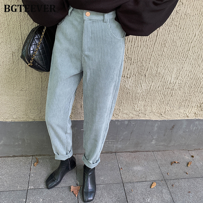 

BGTEEVER Spring Autumn Women Corduroy Pants Fashion High Waist Female Straight Pants Streetwear Women Trousers Capris 2020 CX200817, Black