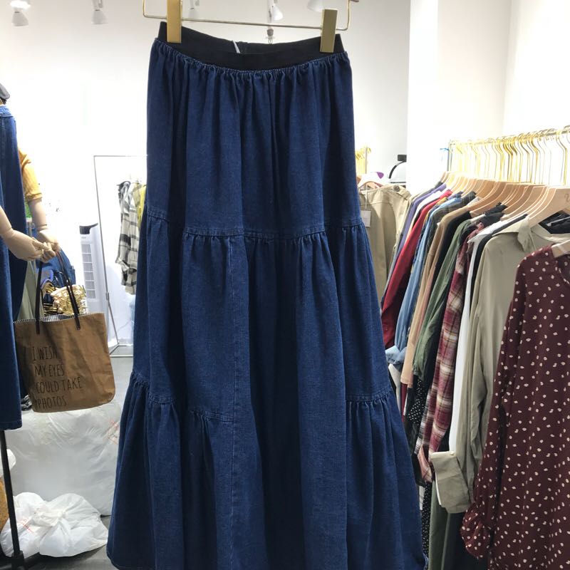 

Free Shipping 2020 New Fashion Spring Denim All-match Vintage Jeans Elastic Waist Long Maxi Skirt For Women A-line Blue Skirts