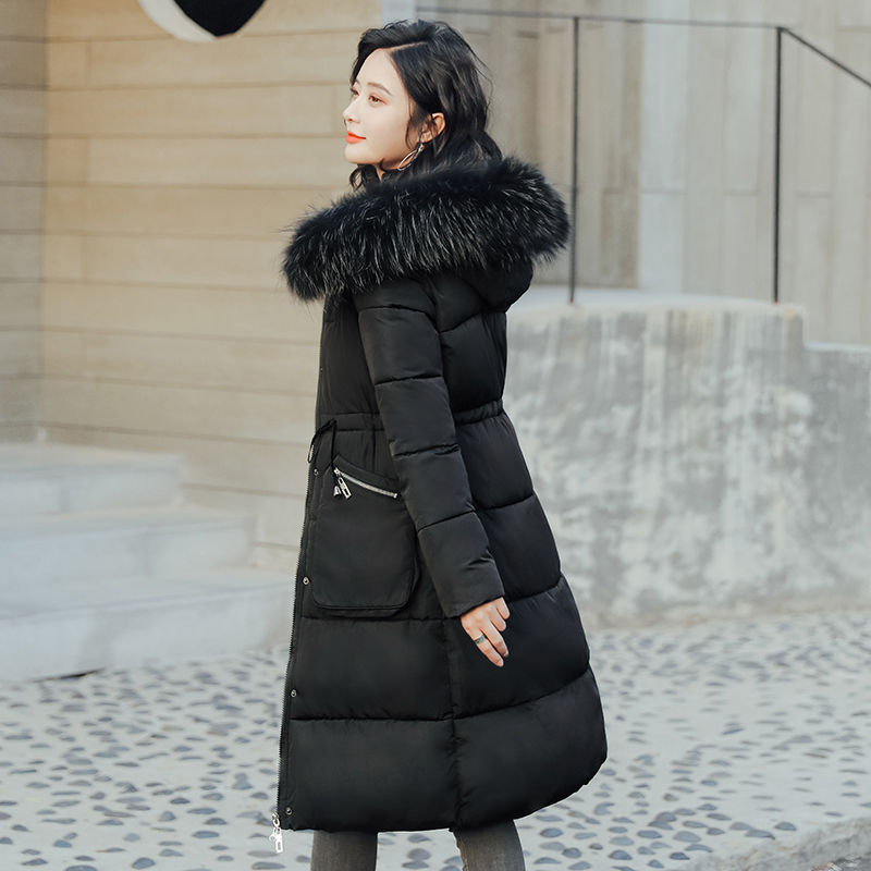 

2020 Winter Women Korean Elasted Waist Jacket Female Oversize Solid Fuax Fur Collar Hooded Thick Coats Ladies Long Parkas A119, Creamy-white